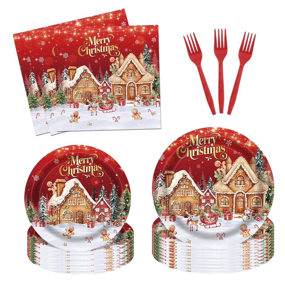 Gingerbread House Merry Christmas Tableware Plates Napkins Serving 24 96 PCS