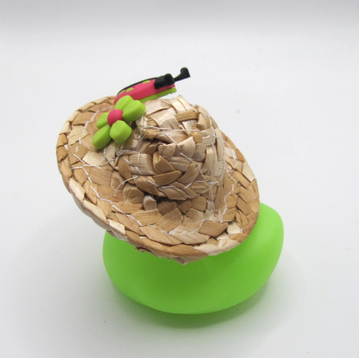 HAND DECORATED GREEN RUBBER DUCK W/ STRAW HAT W/ FLOWER & LADYBUG & SUNGLASSES