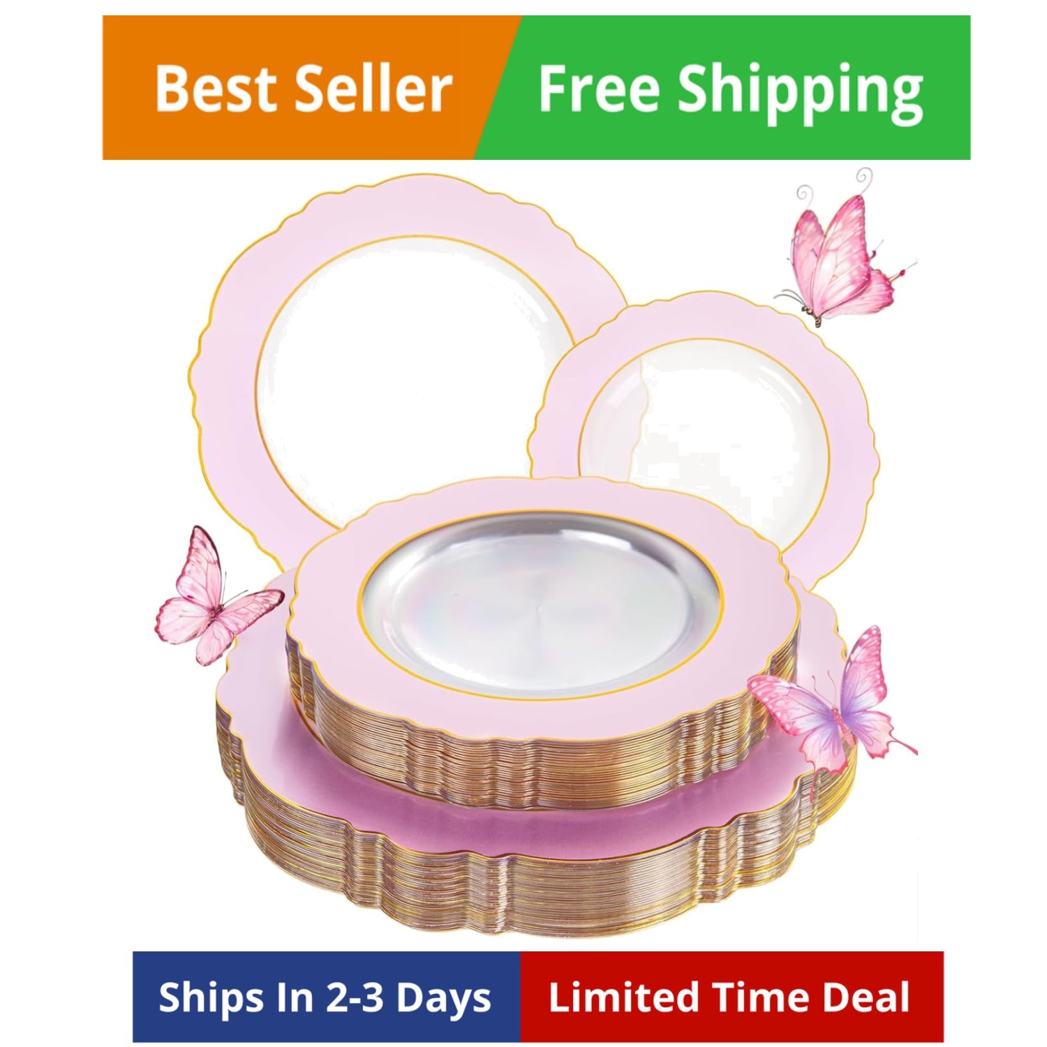 60Pcs Pink Plates Disposable with Gold Rim – Baroque Clear Pink and Gold Plas…