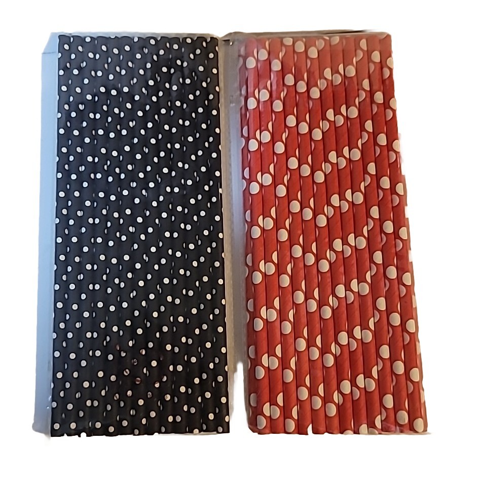 2 SETS of 25, Paper Straws, Polka Dots Ladybug Decoration 50 Total Red Black