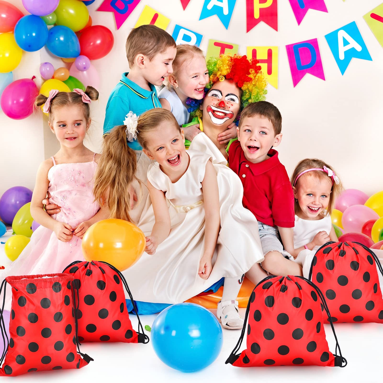 16 Pcs Ladybug Party Drawstring Bags Ladybug Party Favors Red Black Polka Dot…
