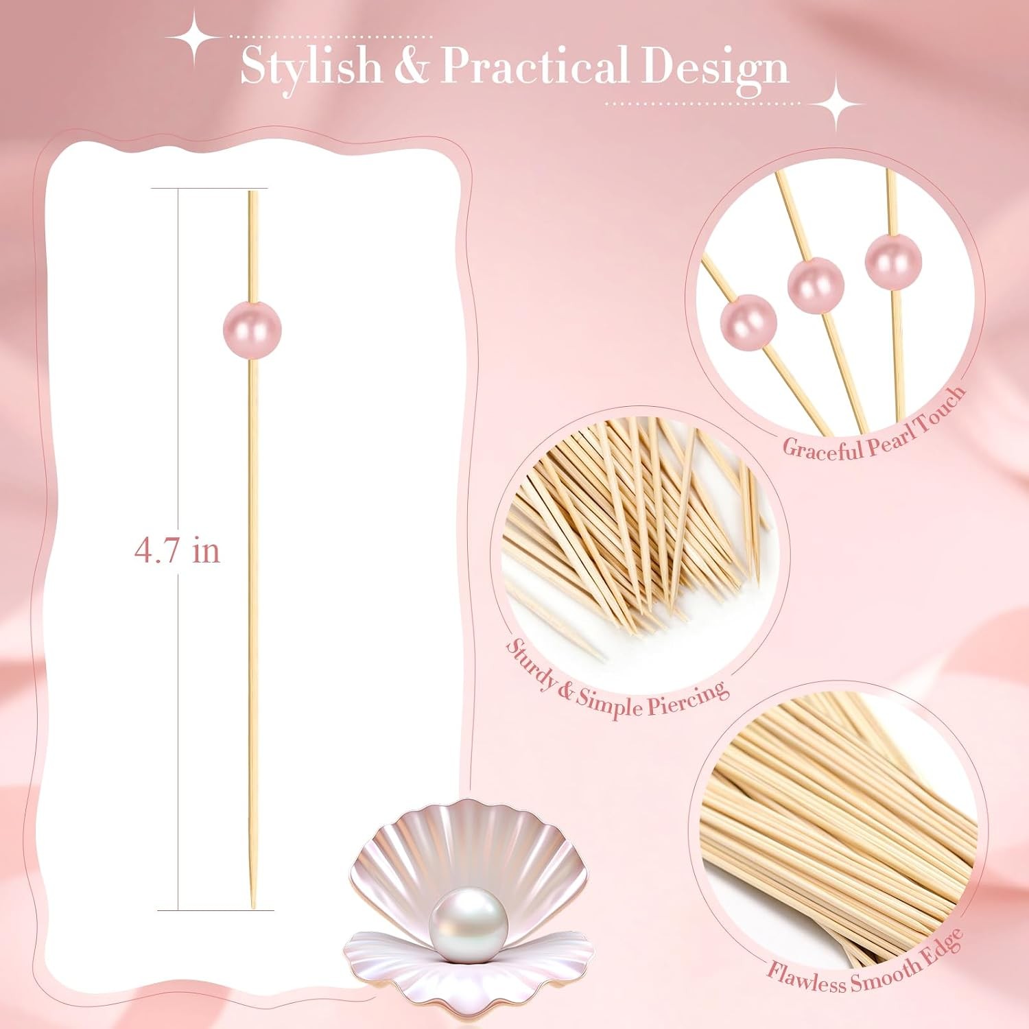200PCS Cocktail Picks, Pink Pearl Decorative Toothpicks for Appetizers, 4.7 Inch