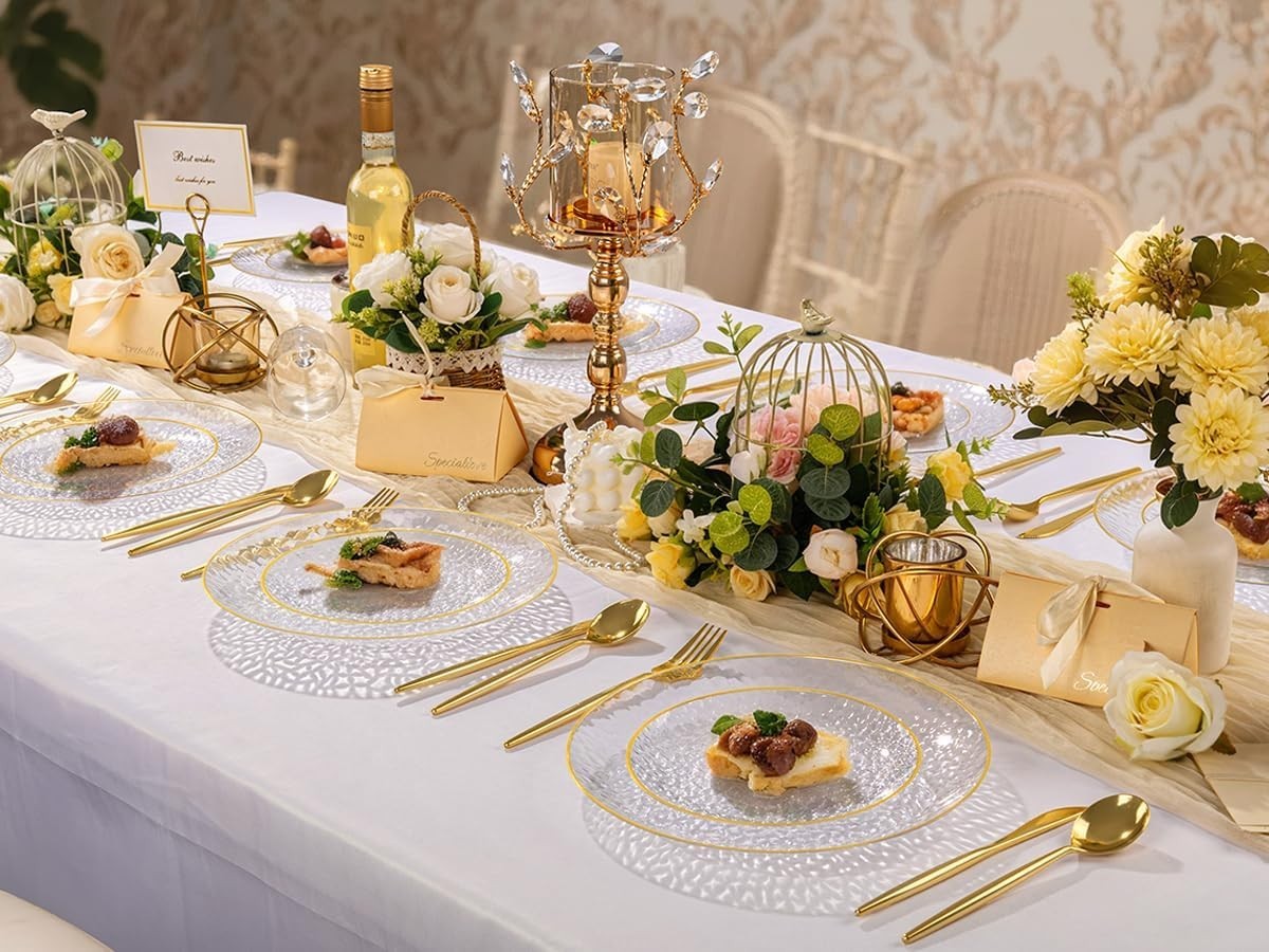 60Pcs Clear Plastic Plates,Clear Disposable Plates With Gold Rim,Heavy-duty G…