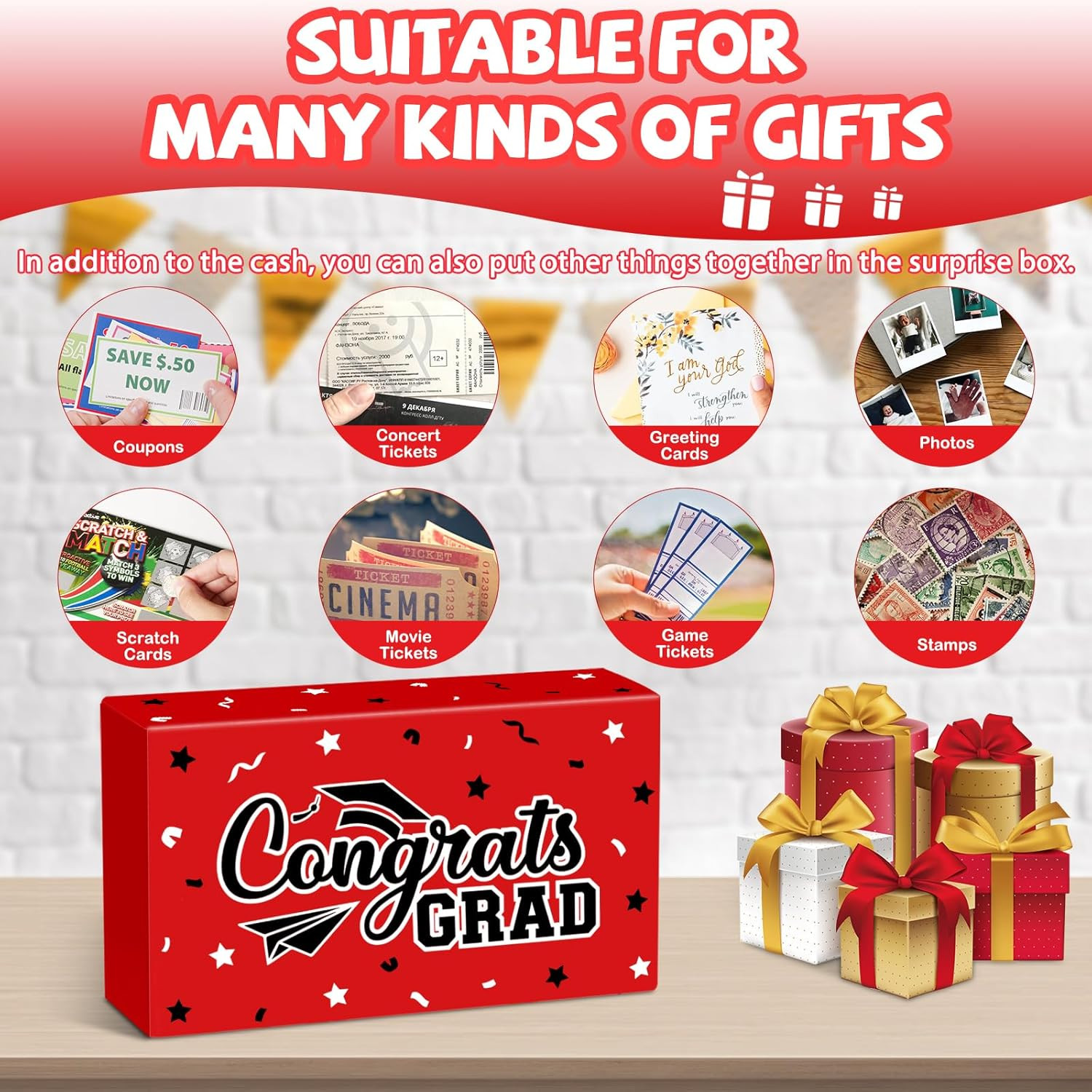 2026 Graduation Money Gift Box with Confetti – 10 Pcs Pop Out Surprise Red