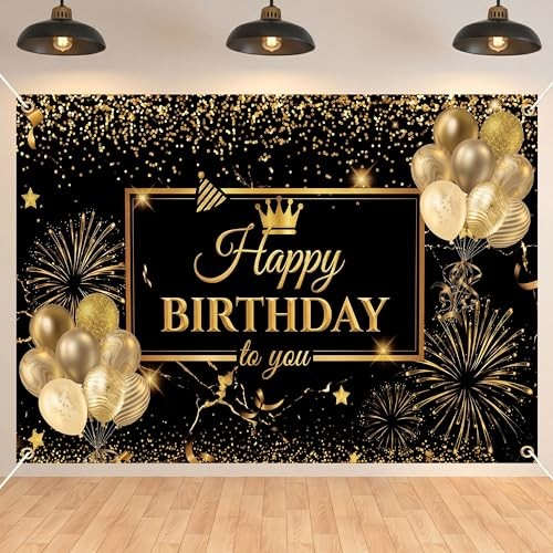 Happy Birthday Backdrop Banner for Photo Booth, Large 59 x 39 Inches Black Gold