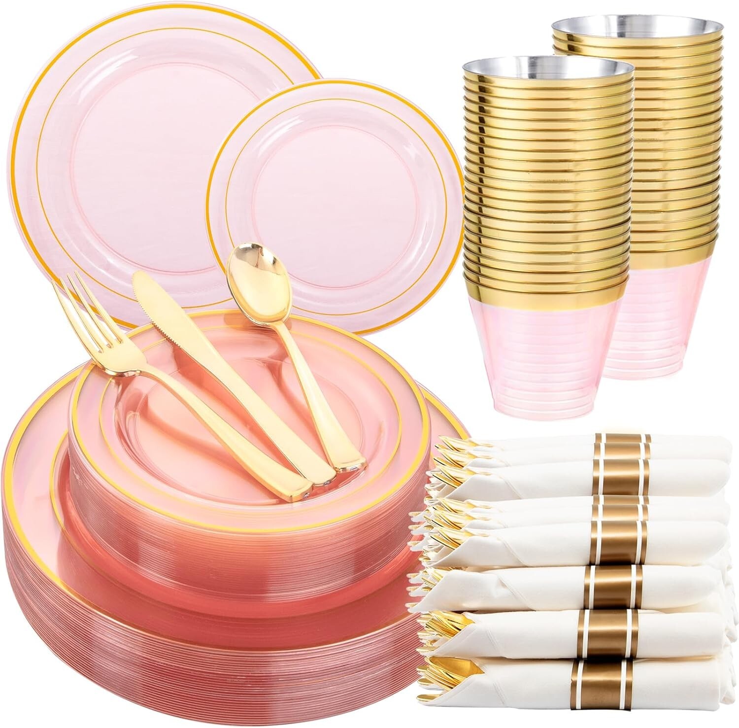 210Pcs Clear-Pink Plastic-Plates – Pink and Gold Plastic Dinnerware include 3…