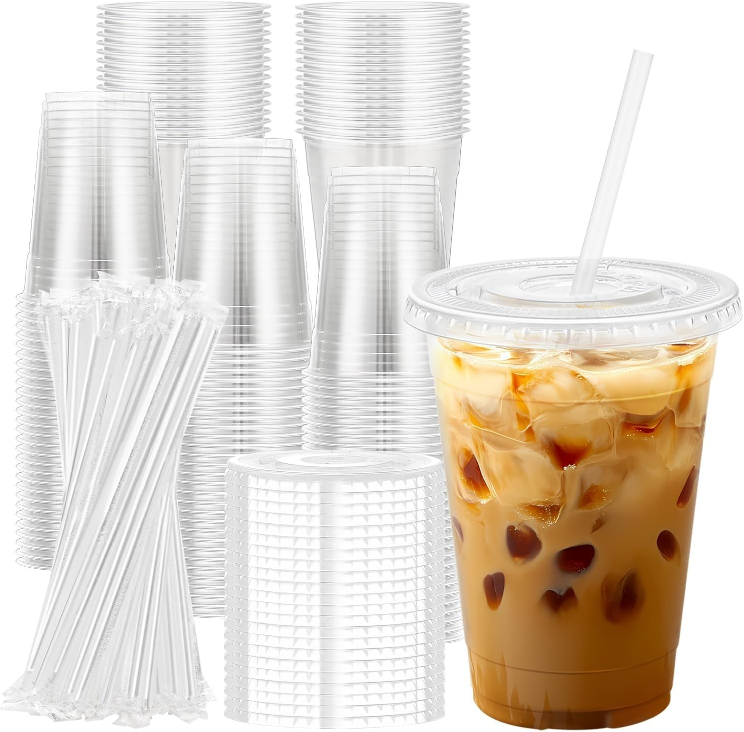 100 Vasos Plasticos 16Oz Transparentes con Tapa y Popote Resistentes Desechables
