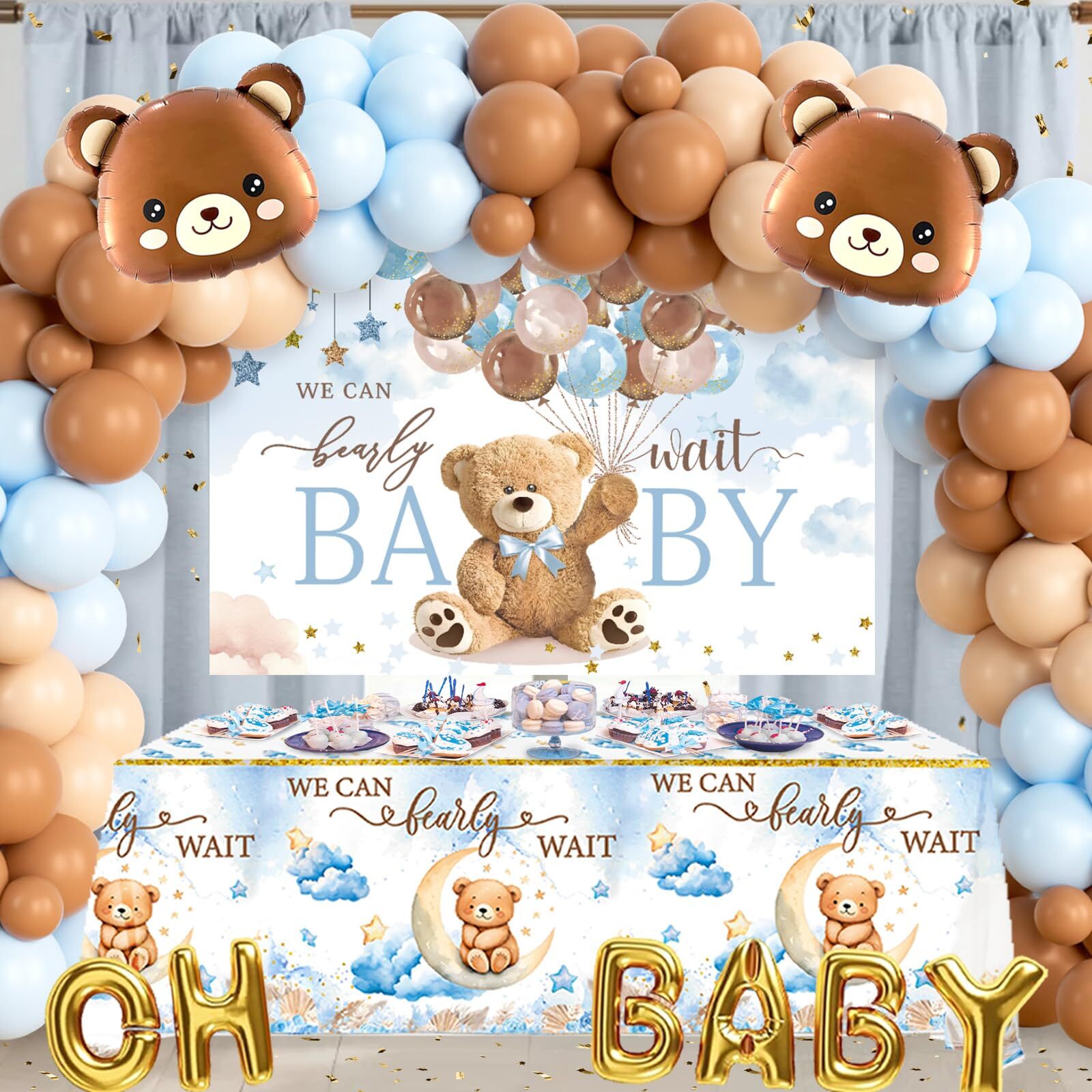 Teddy Bear Theme Blue And Brown Baby Shower Backdrop Balloon Decorations For Boy