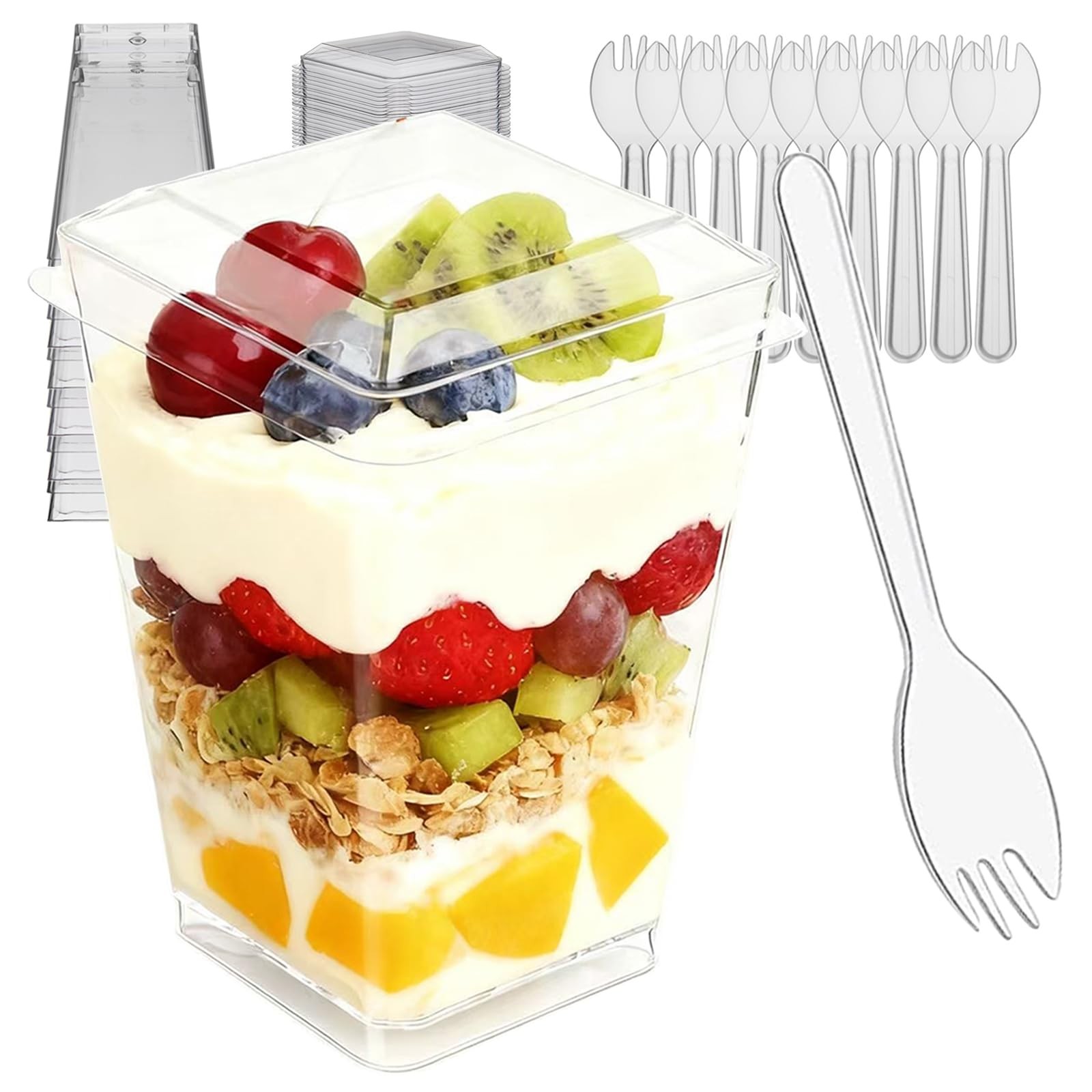 100 PCS Clear Dessert Cups With Lids Spoons 5.4oz Mini Square Parfait Cups