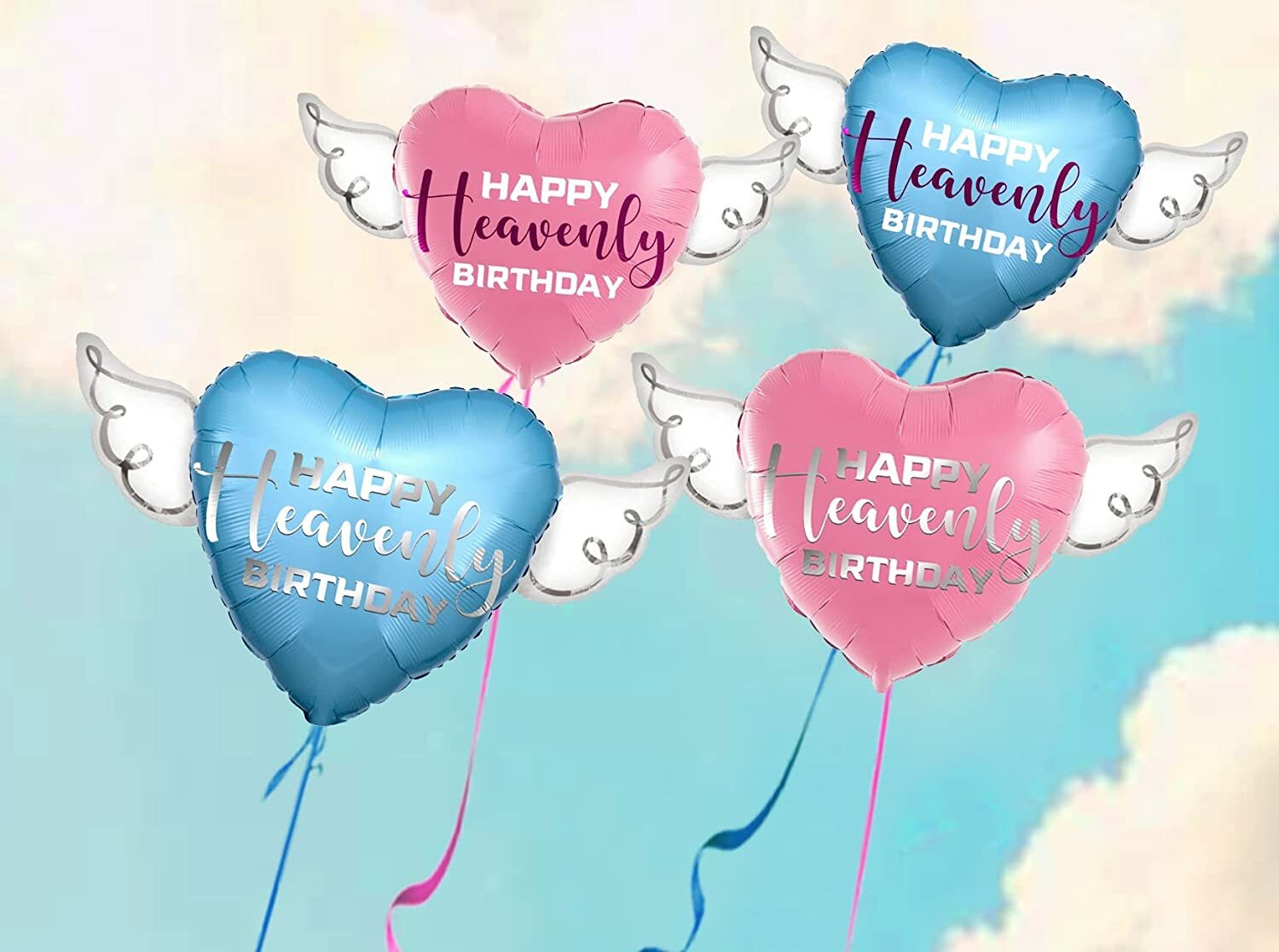 Happy Heavenly Birthday Balloon Heart Shaped with angel wings (pink)
