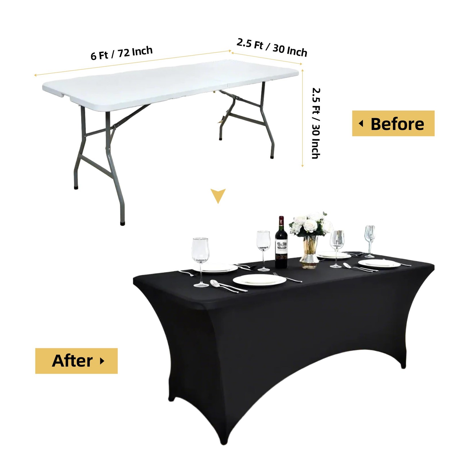 ZarzaaSik 6-Pack 6ft Black Spandex Table Covers for Rectangle Standard Folding T