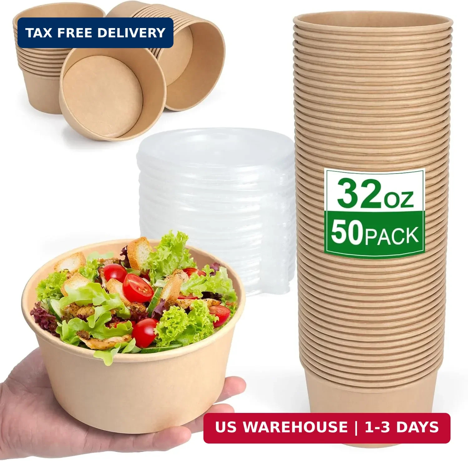 50 Pcs 32 Oz disposable meal prep containers，paper bowls with lids，disposable so