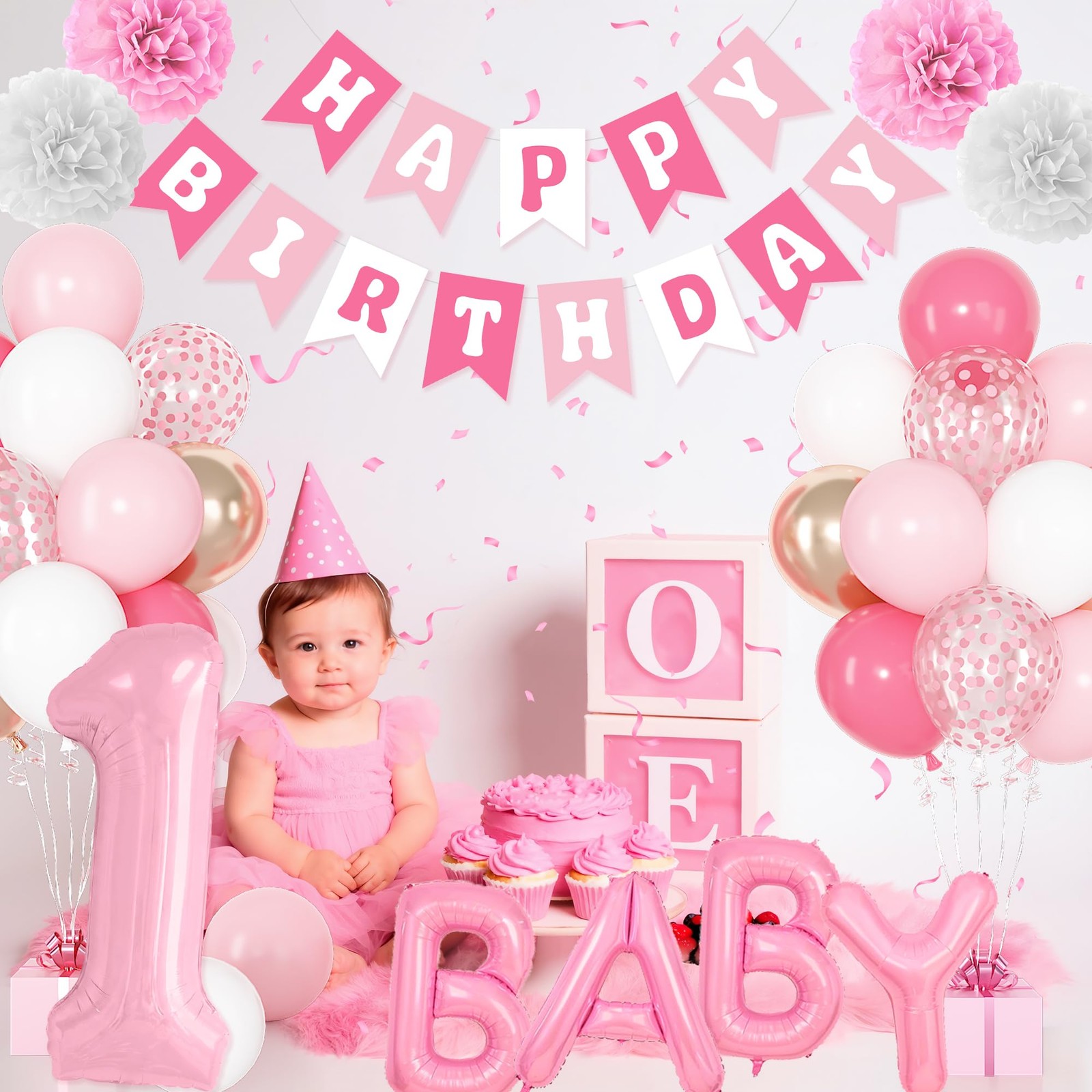 1st Birthday Decorations for Girls, 40 Inch Number 1 Balloon Pastel White Pink