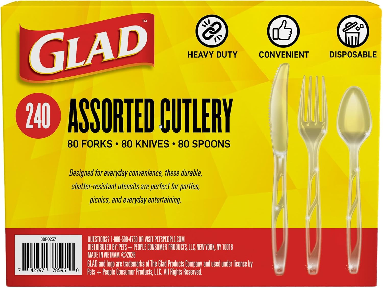 Glad Clear Disposable Cutlery Set with Heavy Duty Plastic Forks, Knives, and Spo