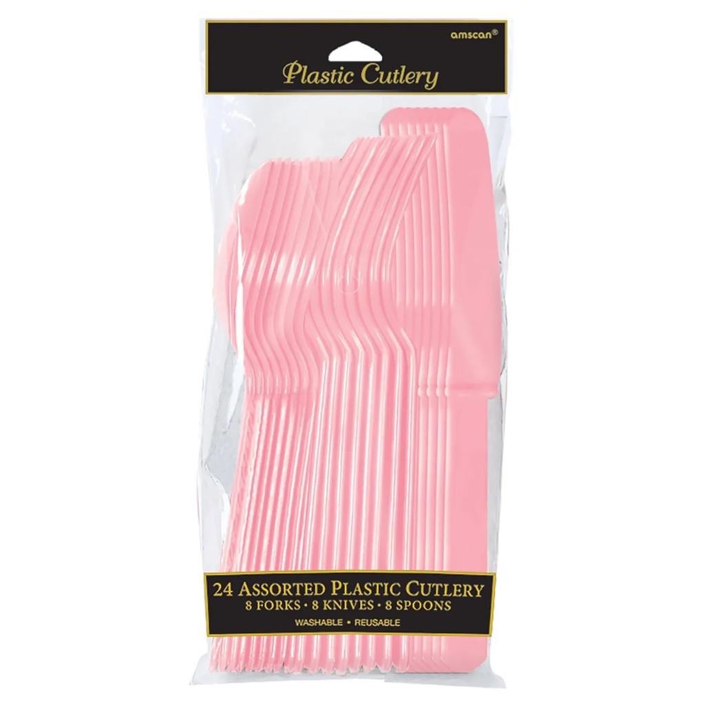 Light Pink Plastic Assorted Cutlery 24 Ct Party Tableware Knives Forks Spoons