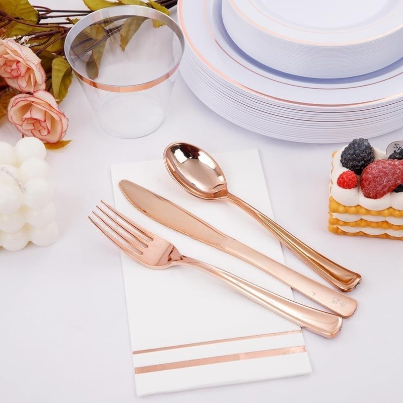 Rose Gold Disposable Plates Cups Cutlery Napkins Party Supplies Set 150pcs New