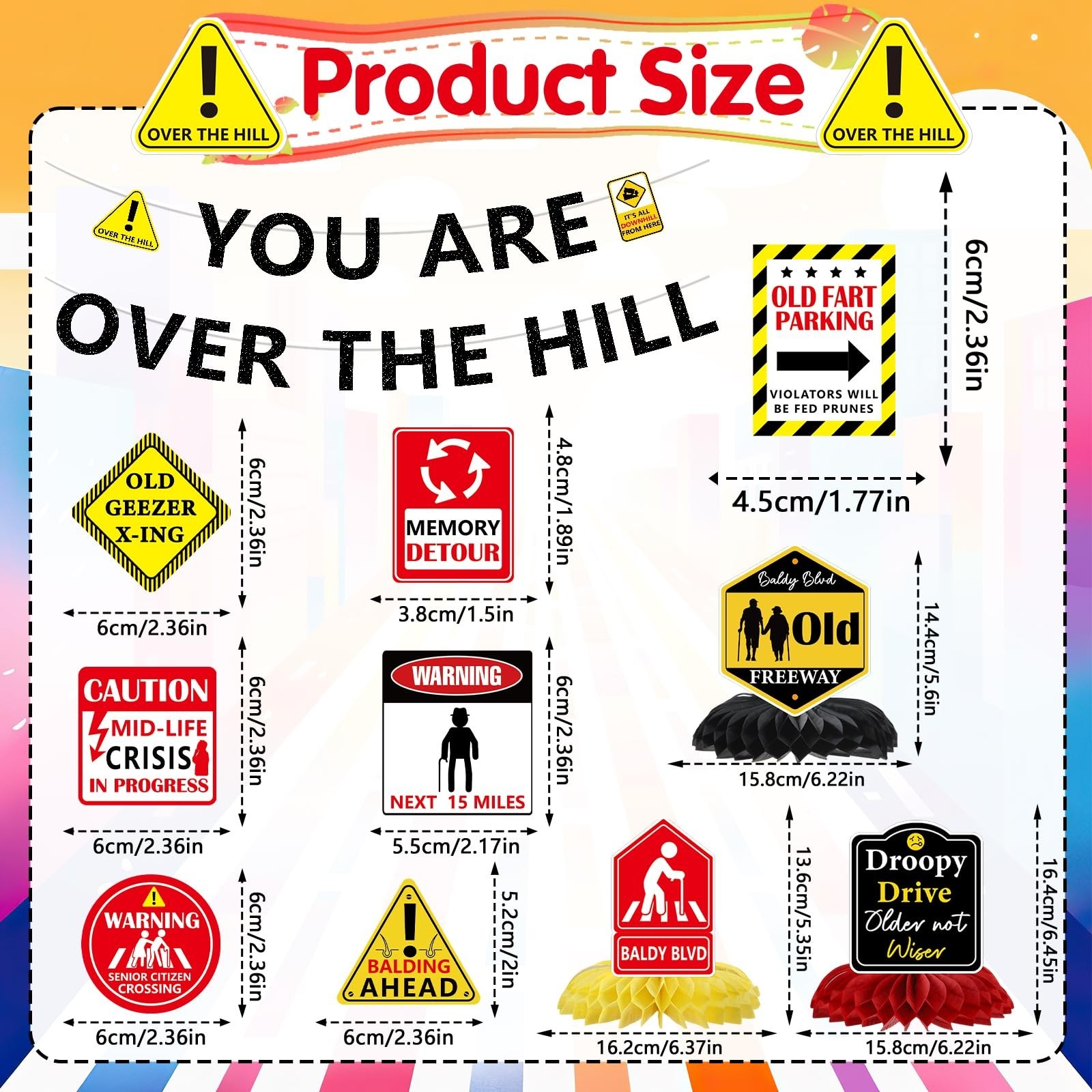 Over The Hill Birthday Decorations Set – 14 Pcs Banners & Swirls for 50th Party