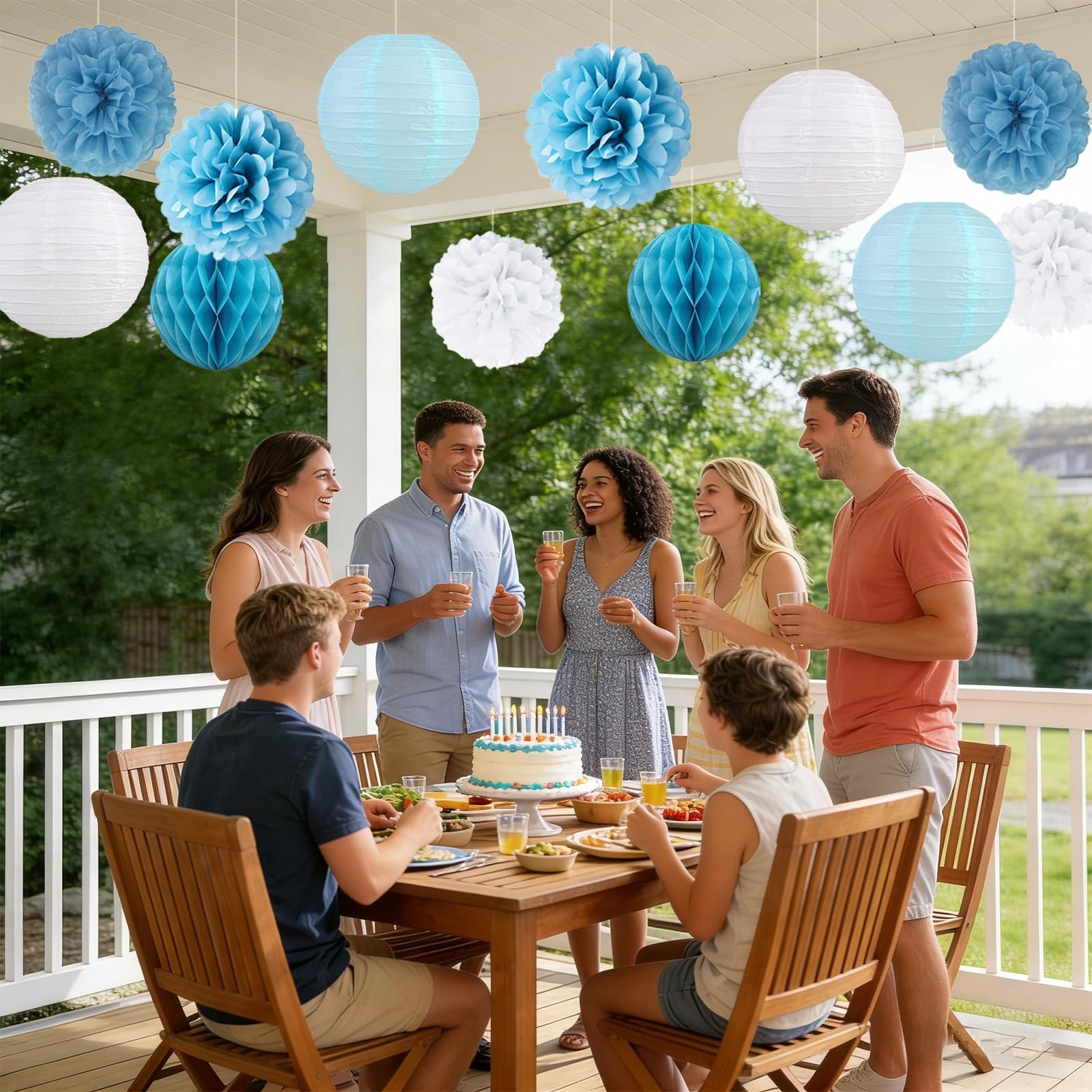 12 PCS Dusty Blue White Hanging Paper Flower Lantern Tissue Pom Pom Party