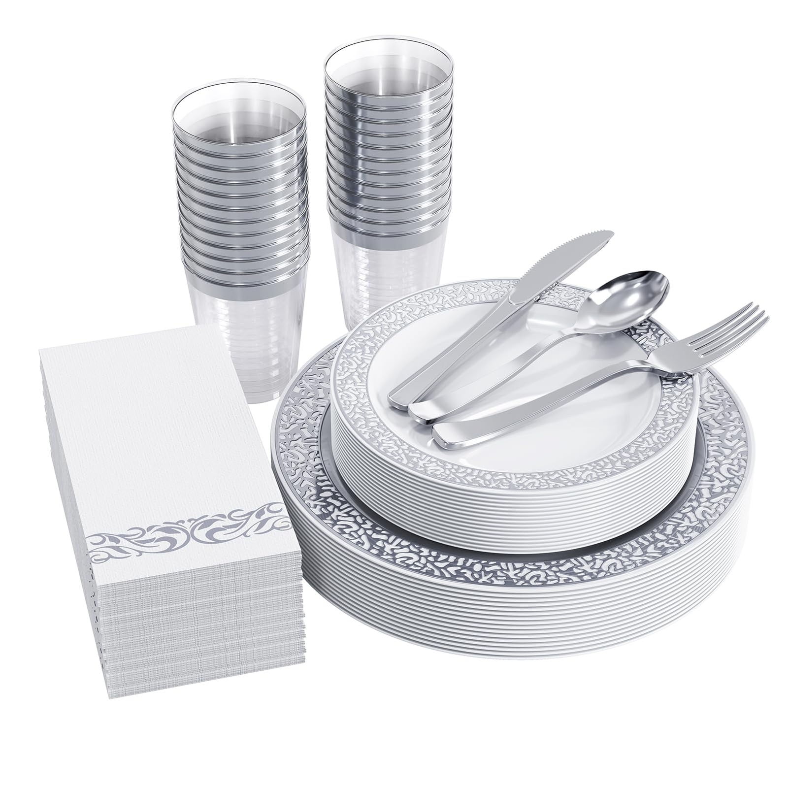 175 Silver Dinnerware Set For 25 Guests White Plastic Plates With Silver Lace Ri