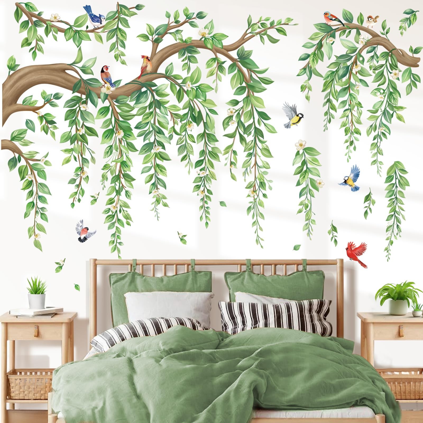 wondever Large Tree Branch Hanging Vine Wall Stickers Green Leaf Flower Birds