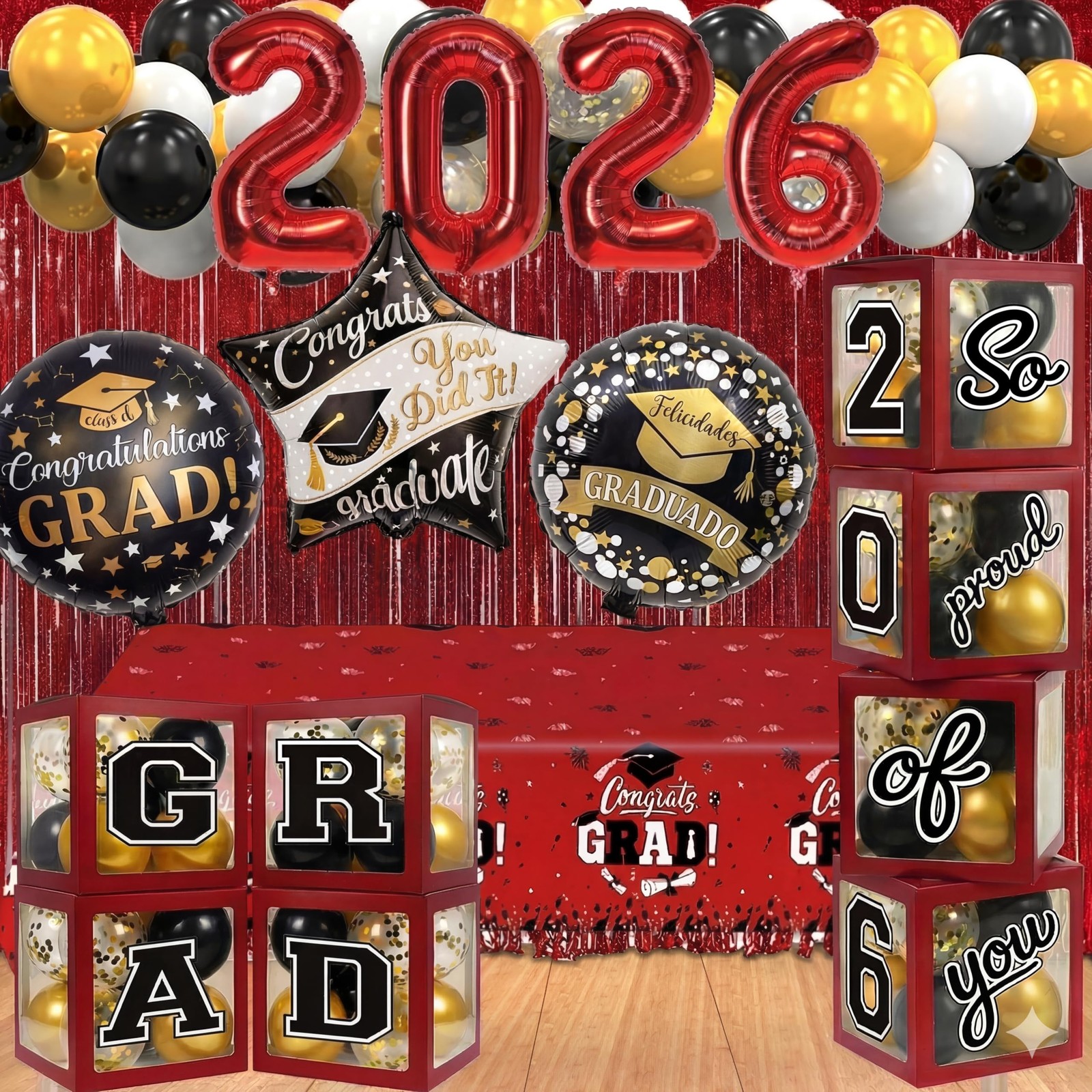 Black and Red Graduation Decorations Class of 2026 – Graduation Balloon Boxes…