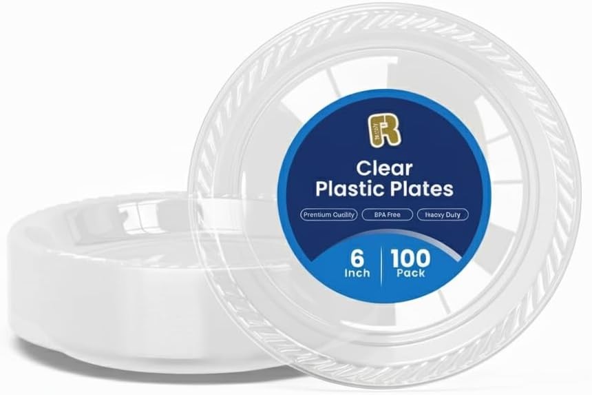 100 Pack 6 Inch Clear Plastic Plates – Heavy Duty Small Dessert Plates –