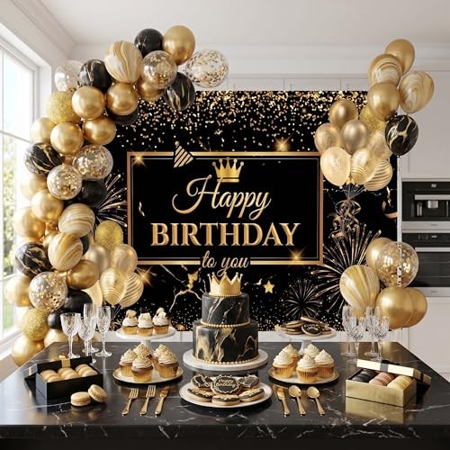 Happy Birthday Backdrop Banner for Photo Booth, Large 59 x 39 Inches Black Gold