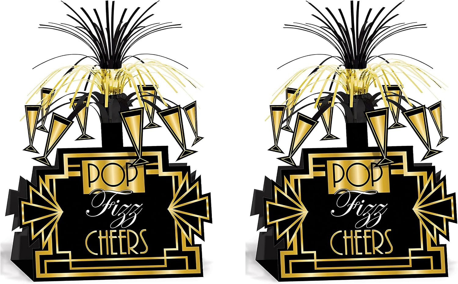 Pop Fizz Cheers Centerpieces – 2-Pack Art Deco Table Decorations in Black and Go