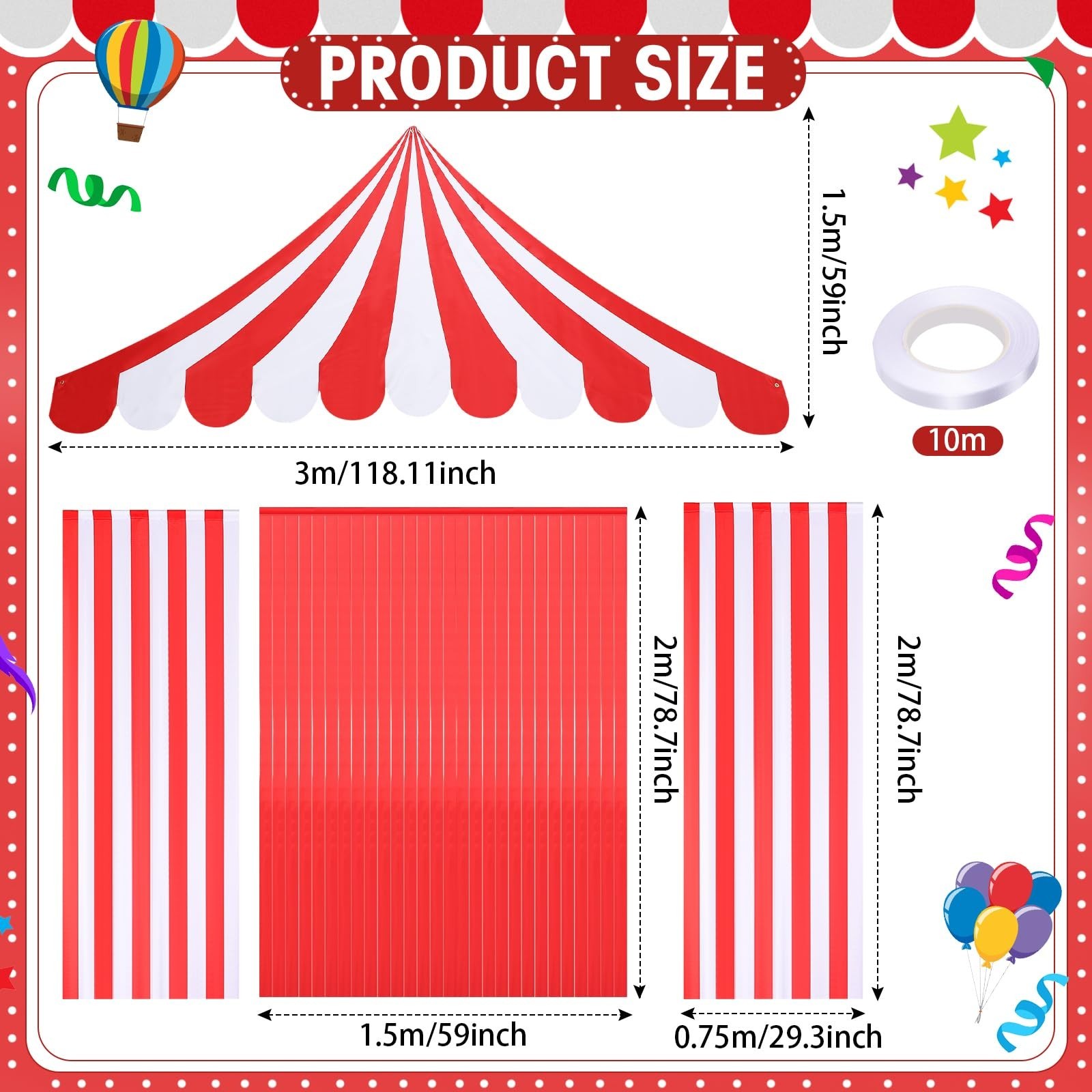 4-Piece Carnival Circus Decor Set – Red Striped Tent Canopy & Curtains for Party