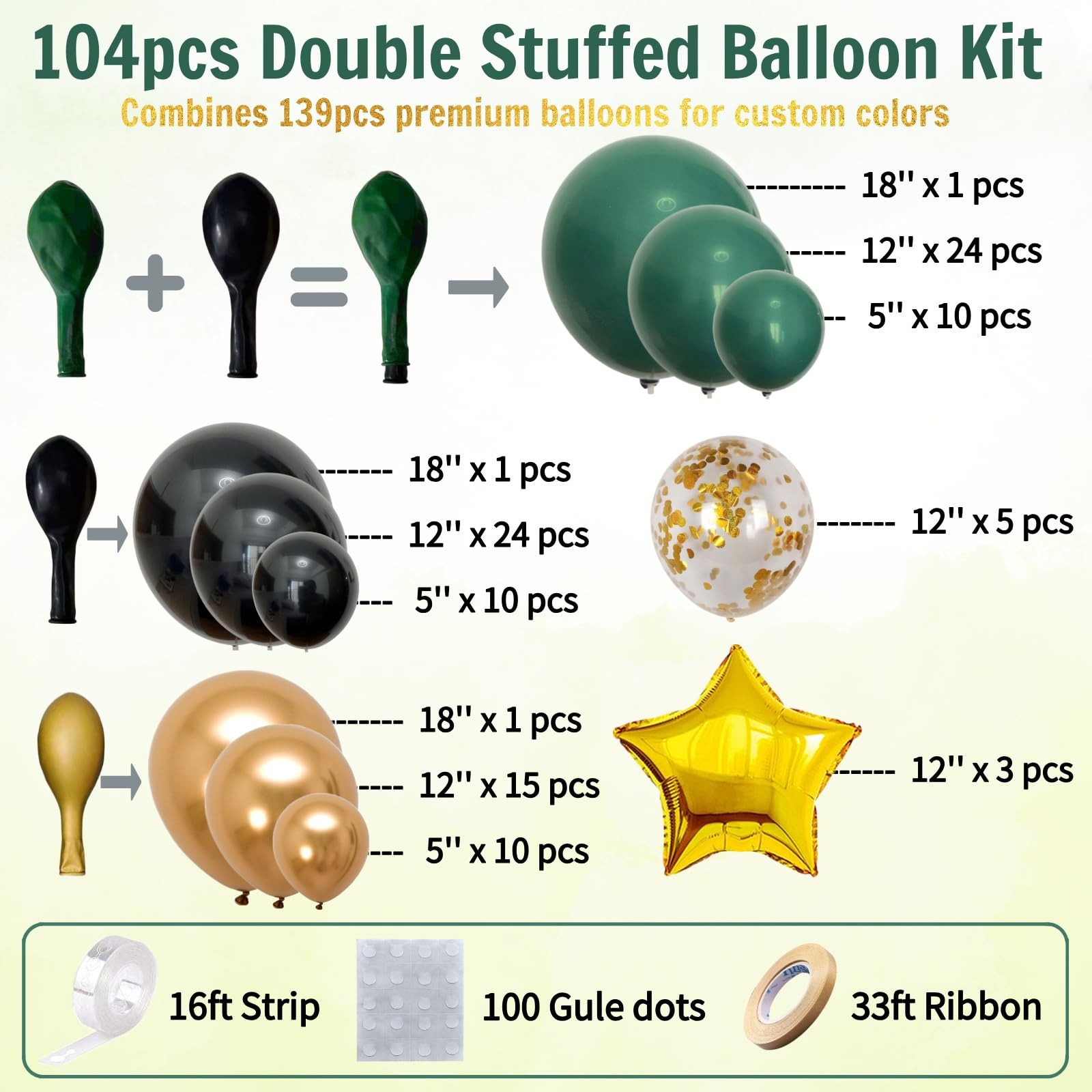 Double Dark Green Black Gold Balloon Arch Kit – 104Pcs Emerald Green Balloon …