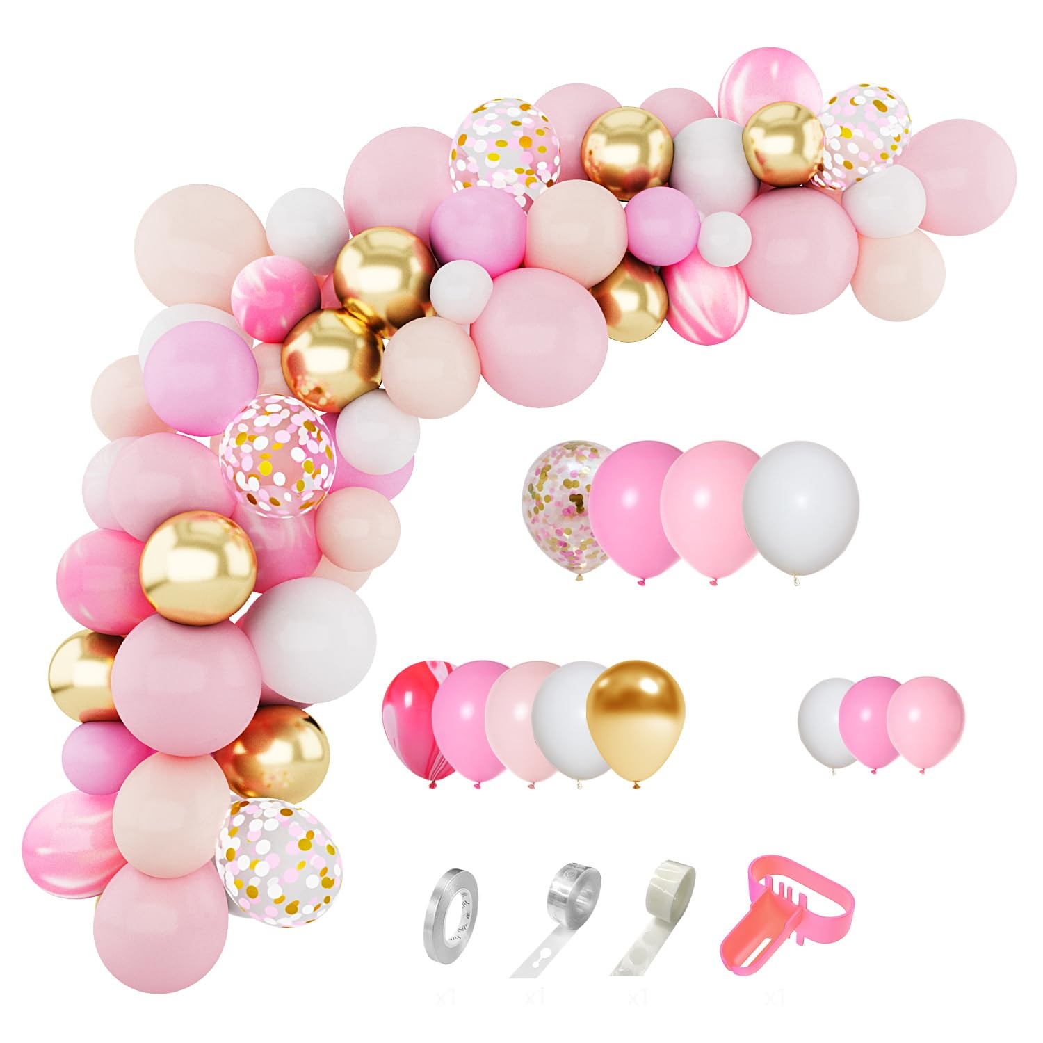 144Pcs Pink Balloons Garland Arch Kit Light Pink Gold White Confetti Latex Me…