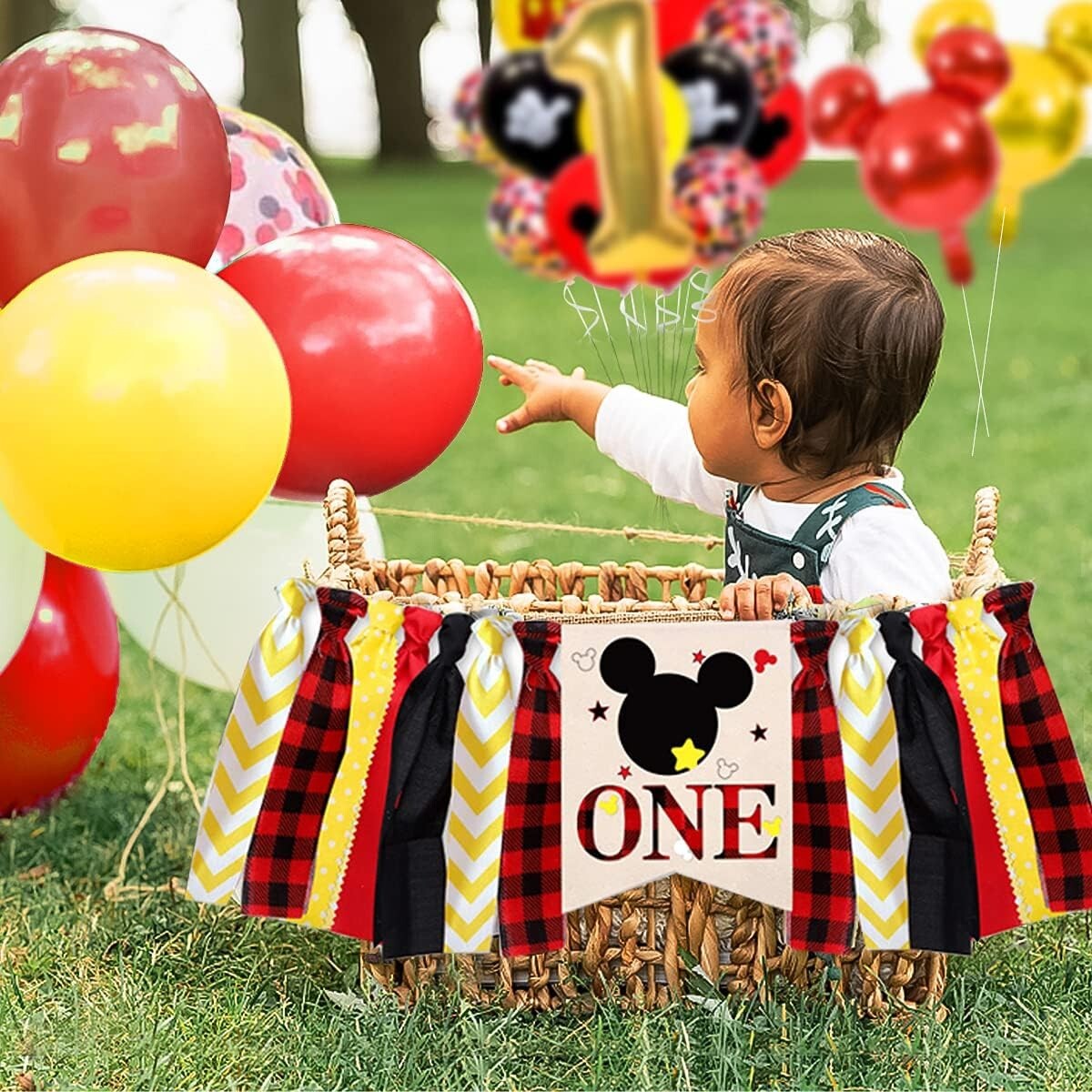 1st Birthday Cartoon Mouse Decorations – Banners, Balloons, Door Hanger, Crown..