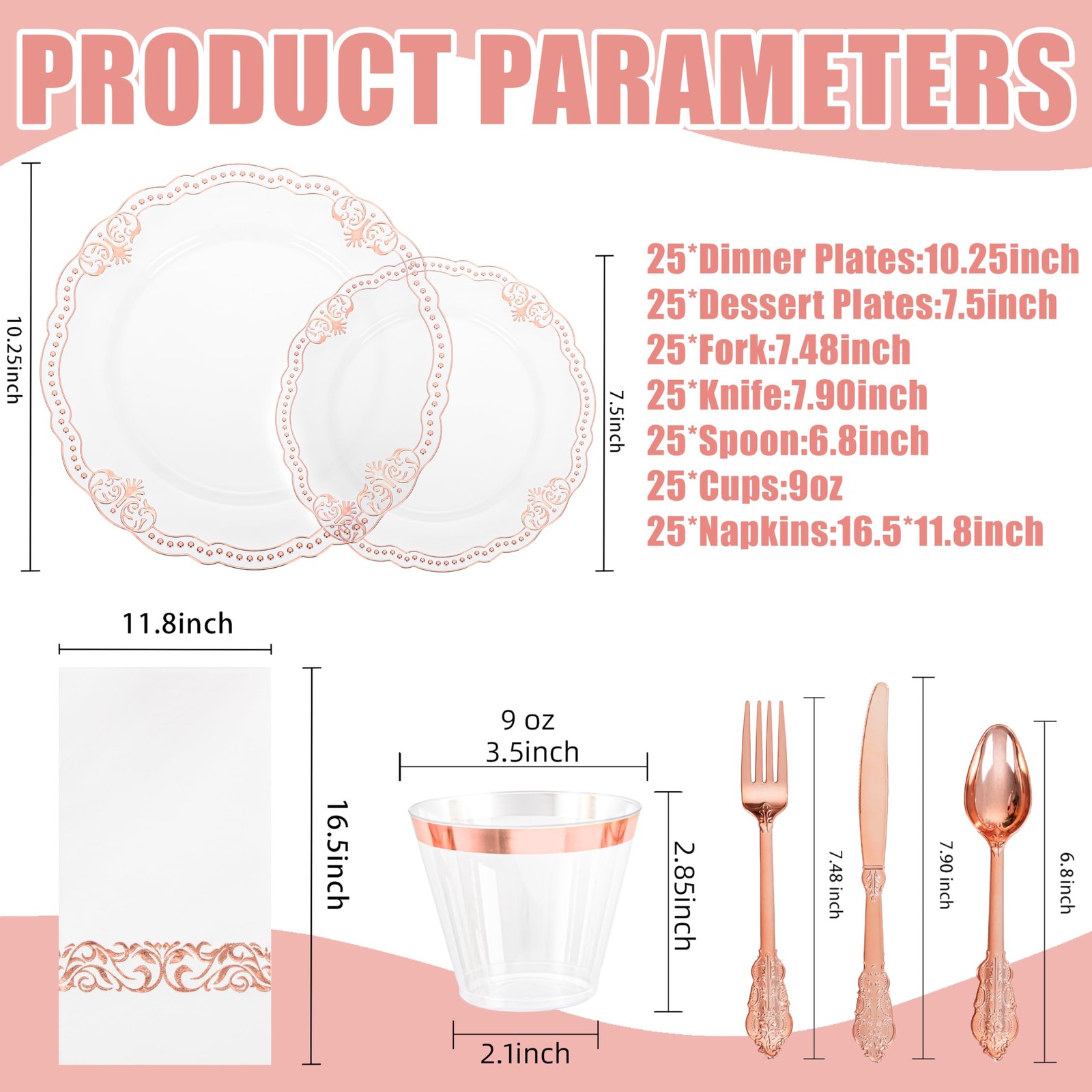 175 PCS Rose and Gold Plastic Plates – Fancy Rose Gold Disposable Dinnerware …