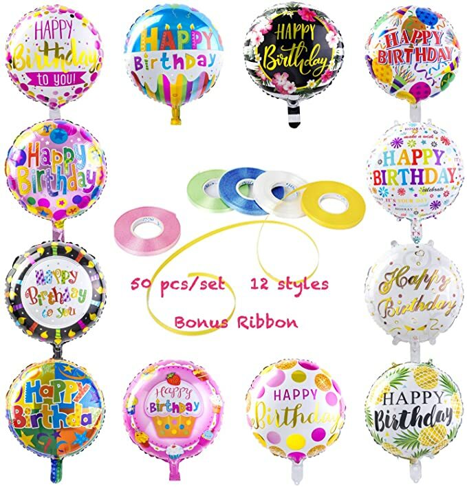 Happy Birthday mylar Foil Balloons (50-Pieces) with 100 Meter Ribbons 18 inch