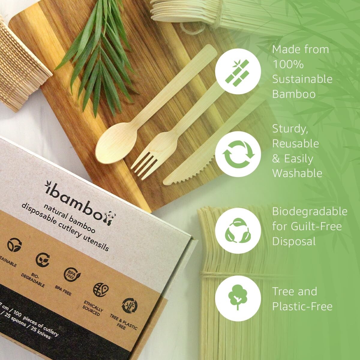 Ibambo Bamboo Utensils – 300 Forks, 150 Spoons, 150 Knives – Disposable or Reuse