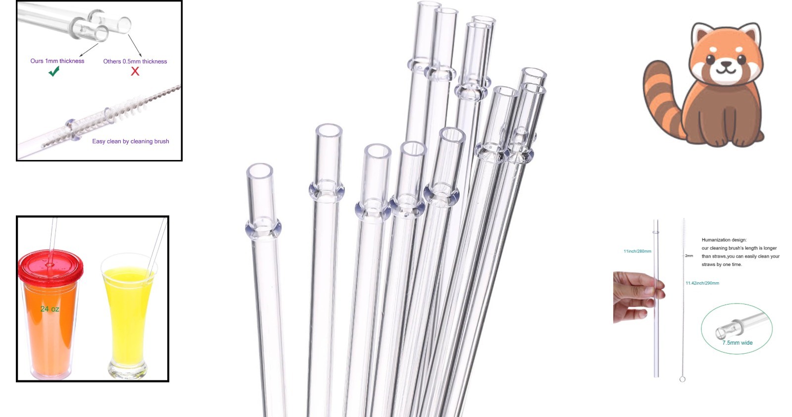 BPA-Free 11-Inch Extra Long Reusable Plastic Straws Set of 12 with Brush