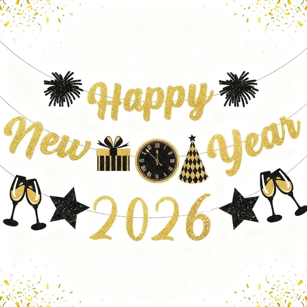Gold Black New Years Decorations 2026 Glitter Banner New Years Eve Party