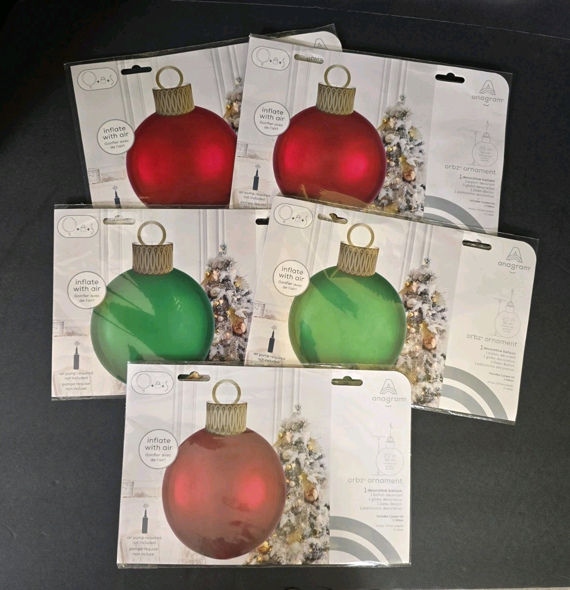 Lot of 5 Anagram Orbz Christmas Ornament Balloons 20″ Red Green Decor New