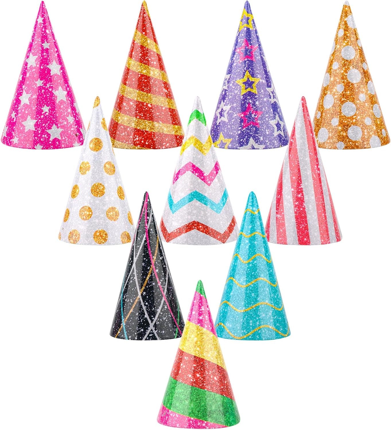 10Pcs Glitter Mini Party Cone Hats Set