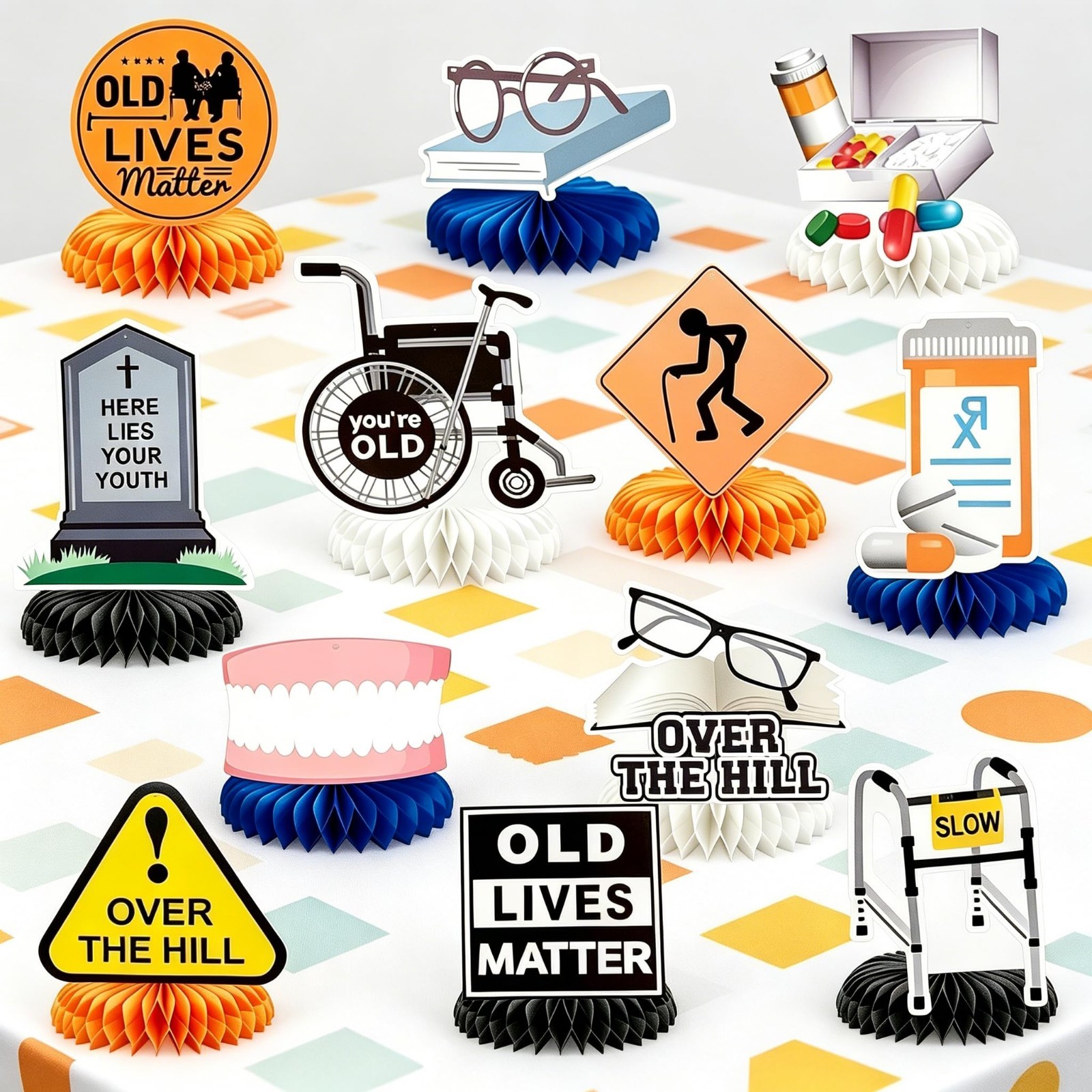 Over The Hill Birthday Decorations – 40th & 50th Honeycomb Centerpieces, Gag Gif