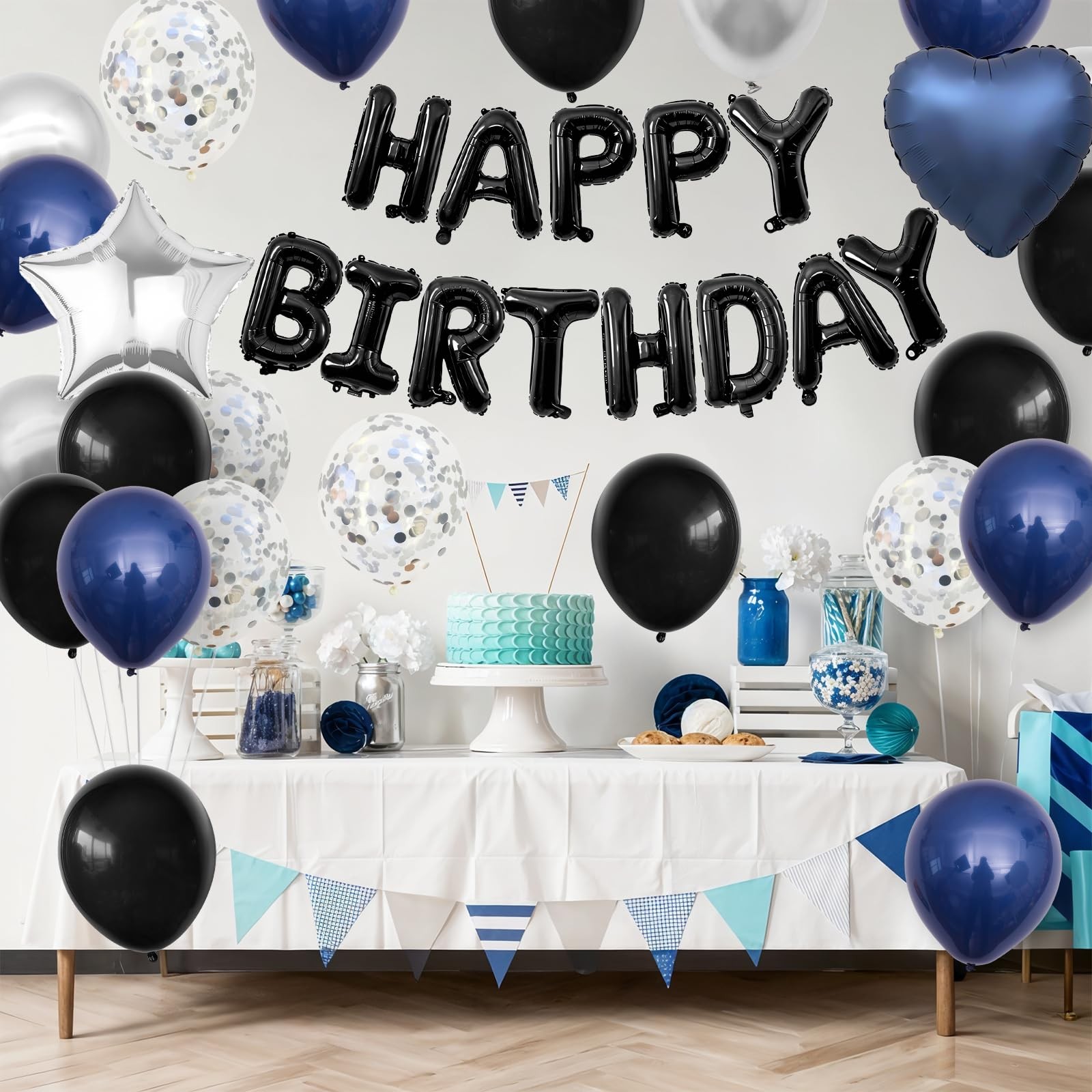 Navy Blue and Black Birthday Decorations for Men,Blue Black White Balloons Ha…