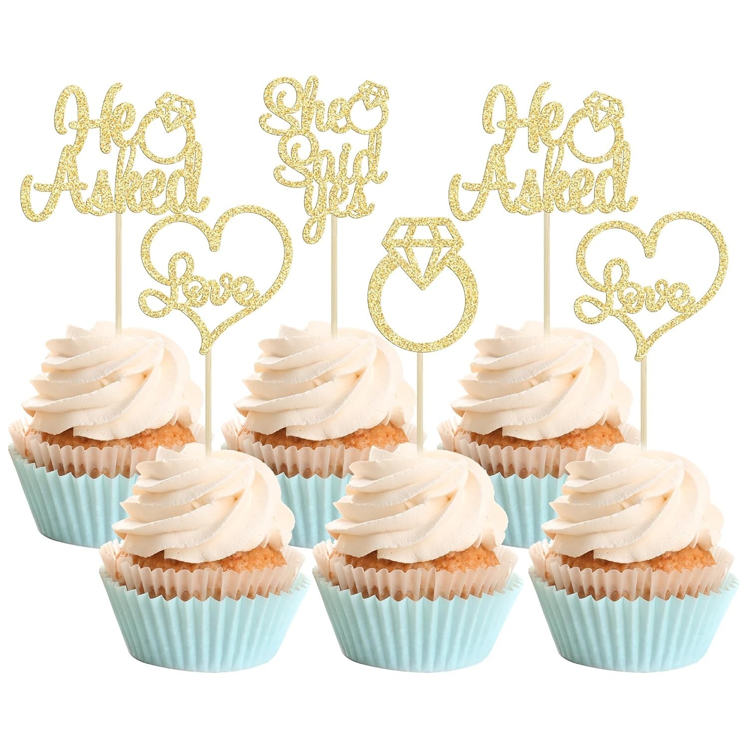 He Asked She Said Yes Cupcake Toppers Gold Glitter Diamond Ring Heart Love Ca…