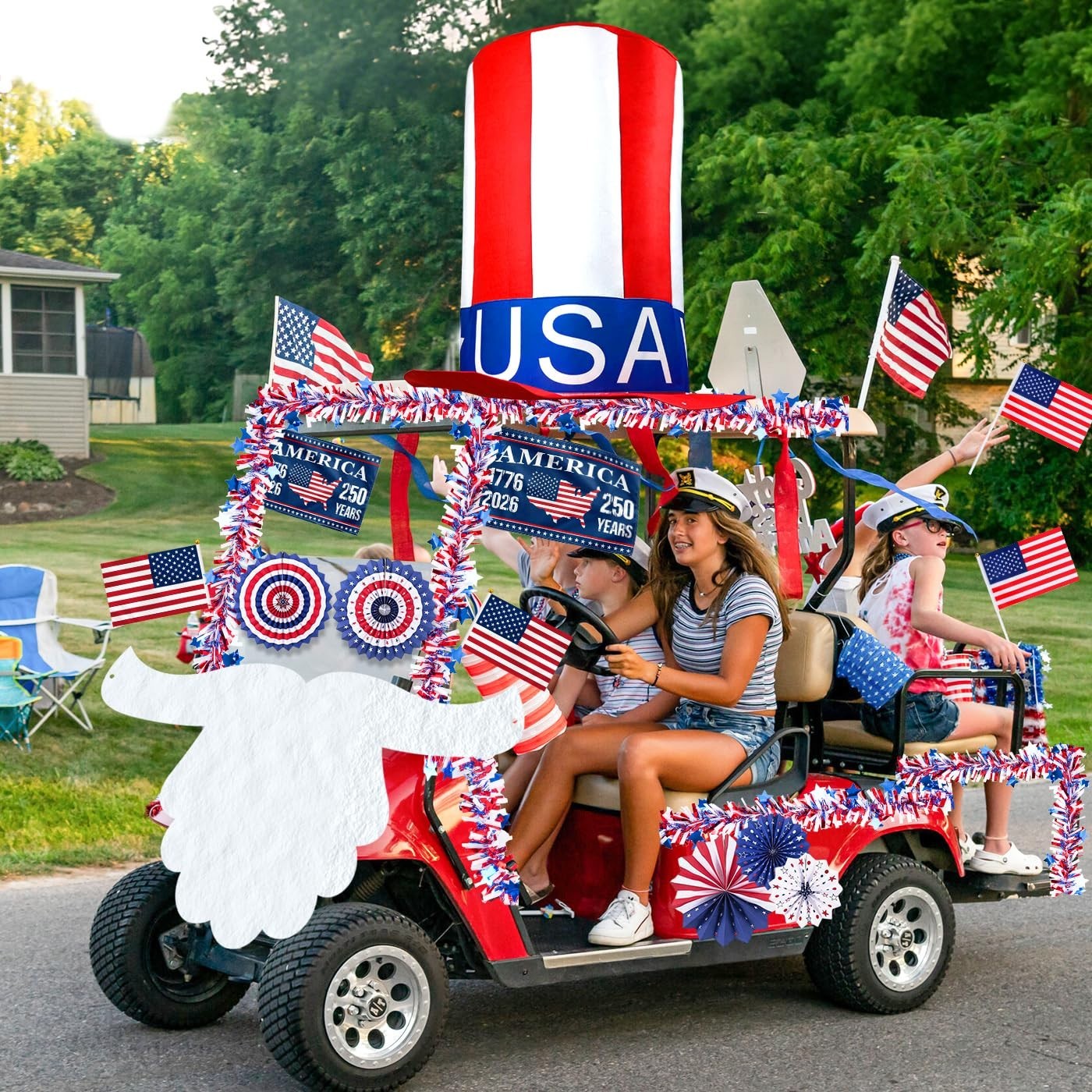 Patriotic 4th of July Golf Cart Decoration Kit – Giant Hat, Beard, Tinsel & Flag