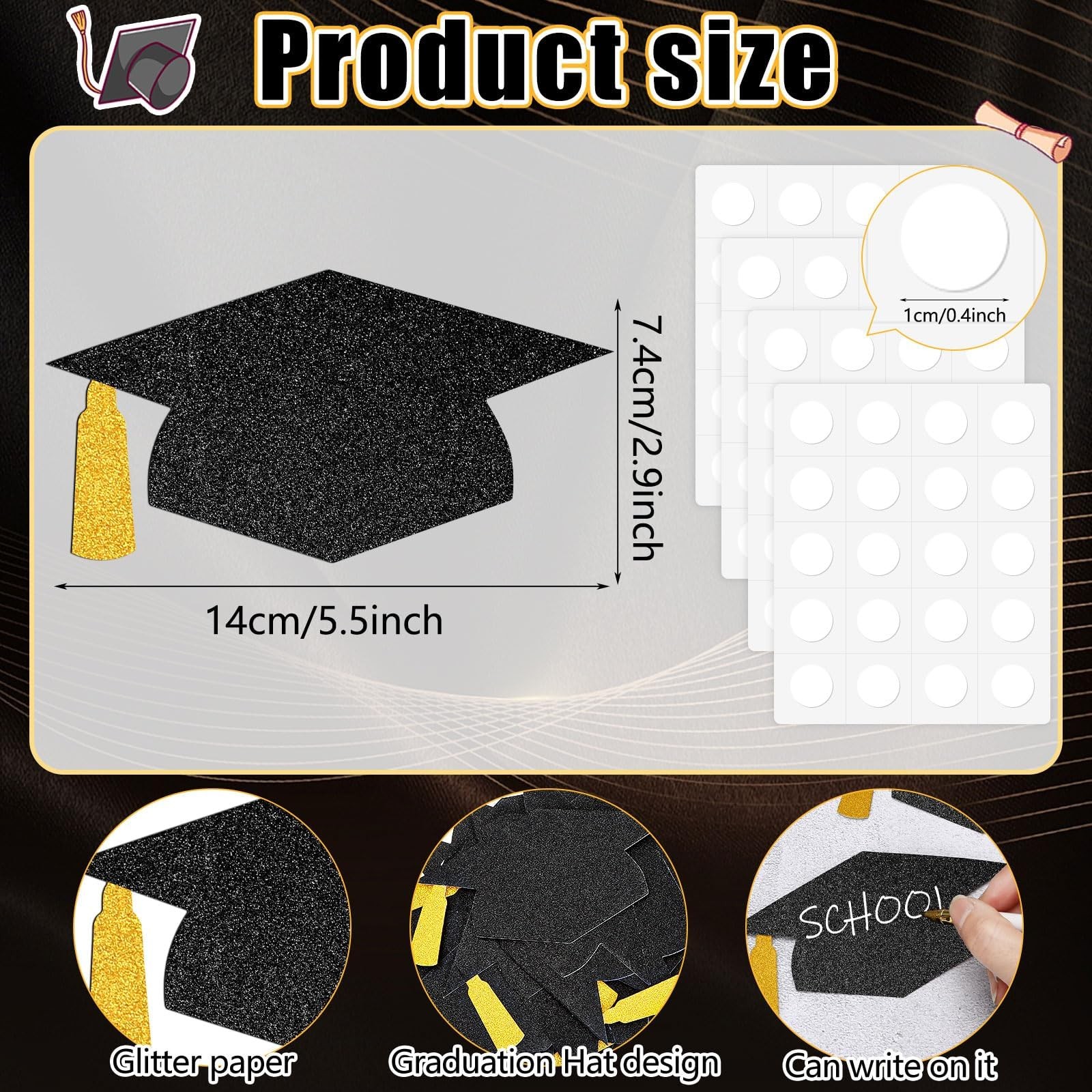 70 PCS Black Gold Grad Caps Glitter Cutouts Glue Points 5.7 Inch