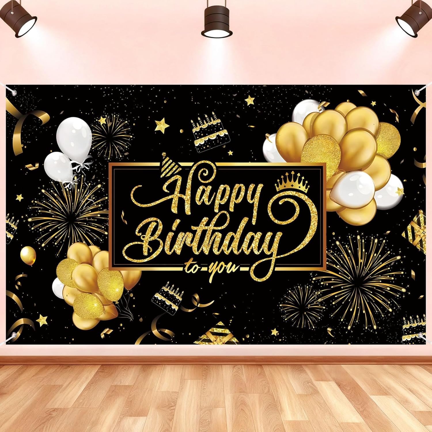 Happy Birthday Backdrop Banner, Black and Gold Birthdays Banner Backdrop, Hap…