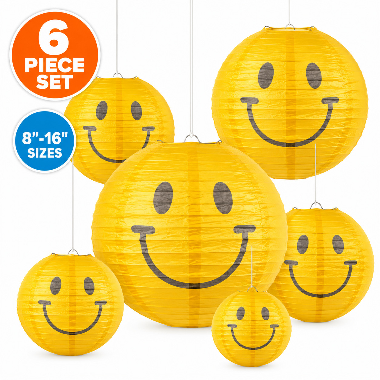 Yellow Smile Happy Face Paper Lanterns 6 Pc 8-16 In Retro Party Hanging Decor