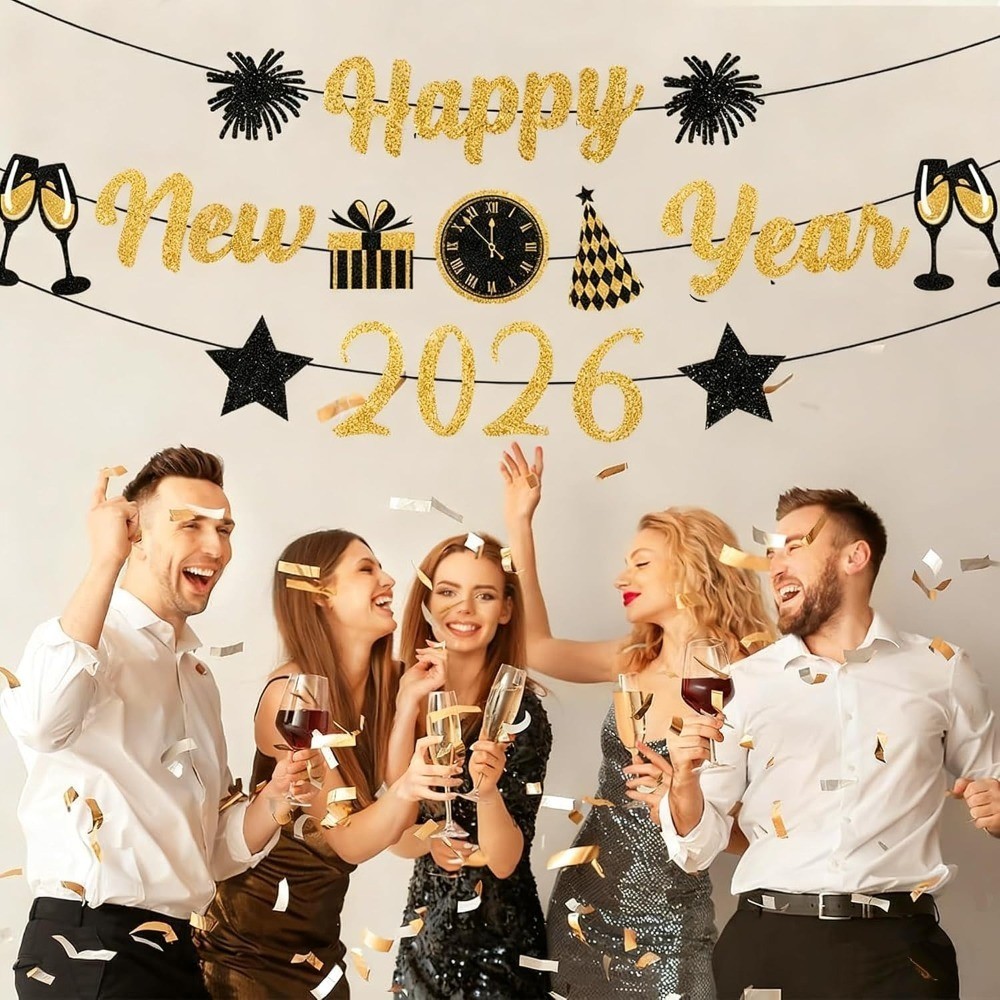 Gold Black New Years Decorations 2026 Glitter Banner New Years Eve Party