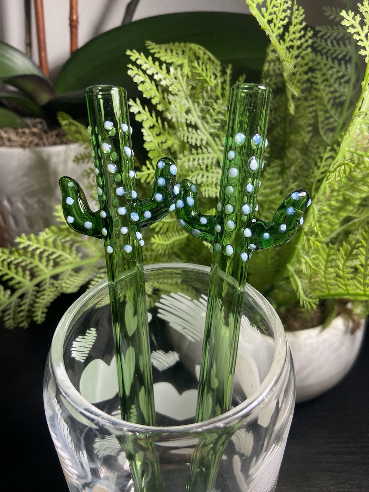 2pcs Cactus Glass Drinking Straws – Hand Blown Glass -Cactus Design