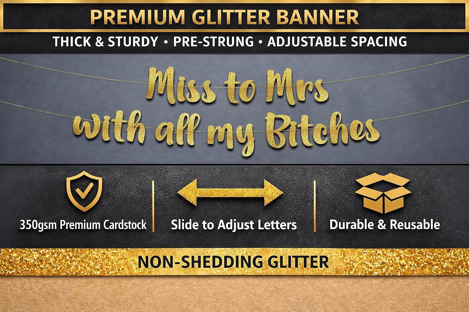 Bachelorette Party Banner Gold Glitter Pre Strung Decorations For Her