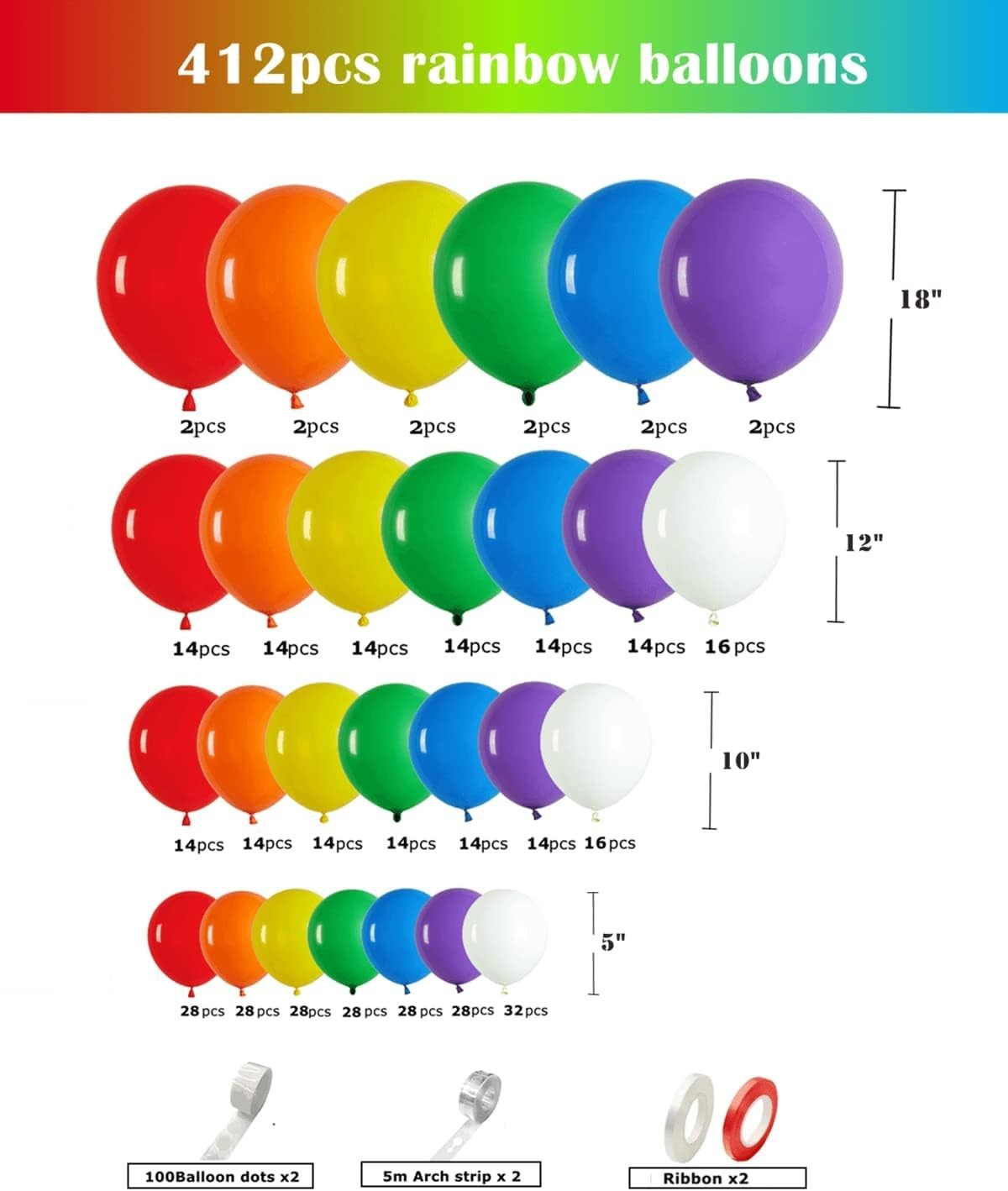 412pcs Rainbow Balloon Arch Kit Assorted Colors 18 12 10 5 Inch, Different Si…